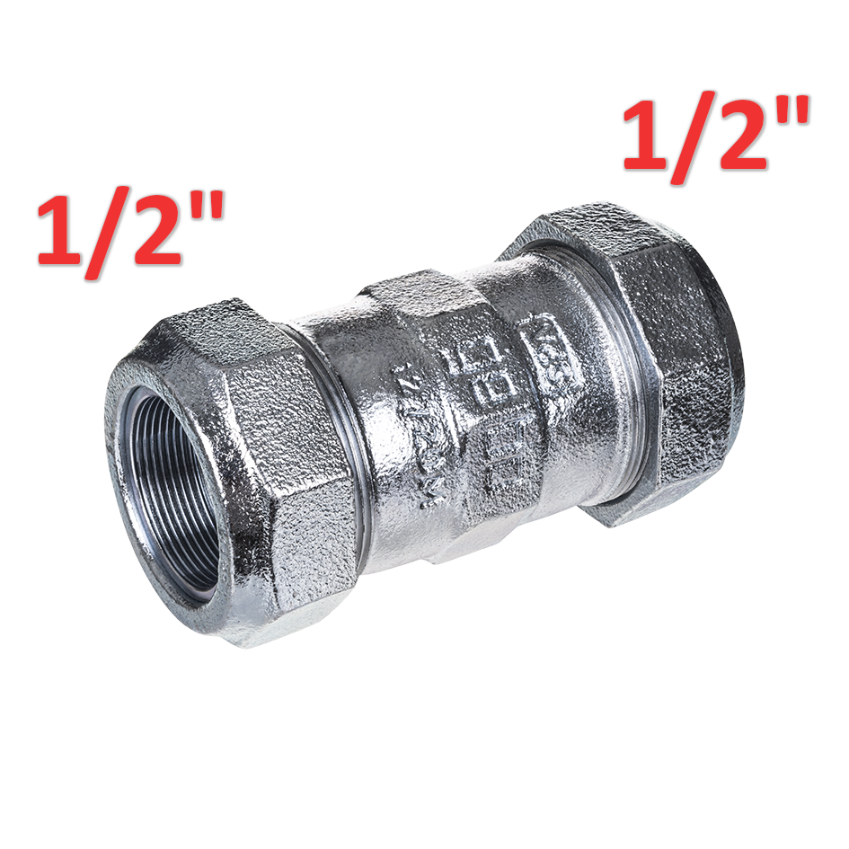 Raccord à compression simple en fonte F-F 1/2'' (21,3 mm) x 1/2'' (21,3 mm) pour acier avec écrou annulaire antidérapant