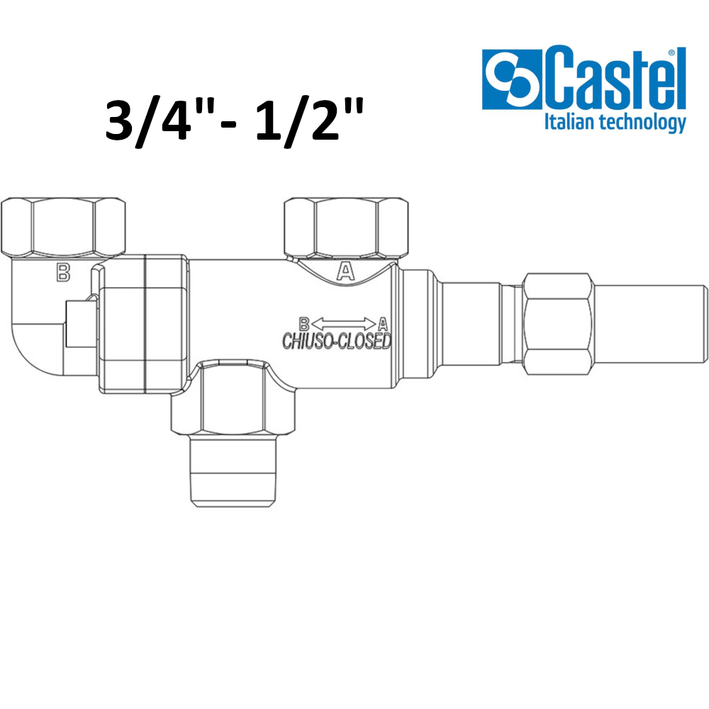 CASTEL - ROBINET D'ÉCHANGE POUR SOUPAPE DE SÉCURITÉ DE GAZ RÉFRIGÉRANT, FILETÉ ENTRÉE 3/4'' NPT, SORTIE 1/2'' NPT