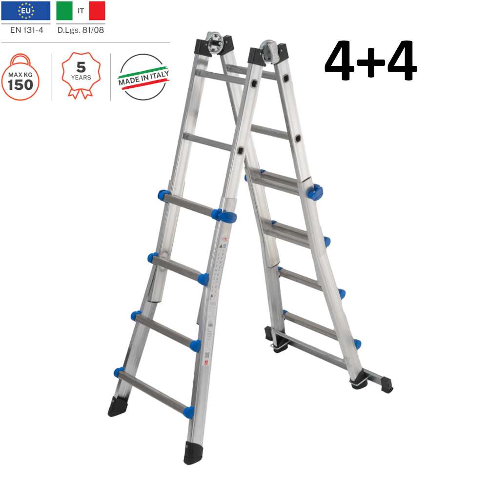 Échelle télescopique multifonctionnelle en aluminium avec 4+4 barreaux et une capacité de 150 kg.