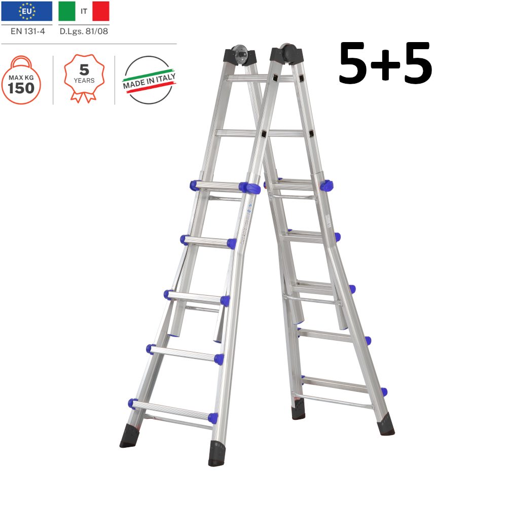 Échelle télescopique multifonctionnelle en aluminium avec 5+5 barreaux, capacité 150 kg.