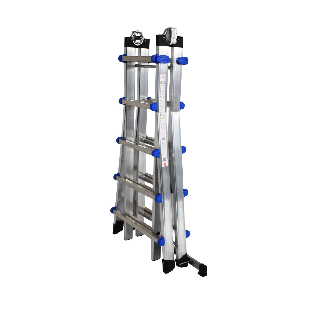 Échelle télescopique multifonctionnelle en aluminium avec 5+5 barreaux, capacité 150 kg.