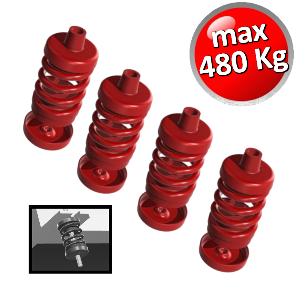 Support anti-vibrations à ressort pour VMC canalisée et unités internes, charge maximale 480 kg. Rouge - Lot de 4