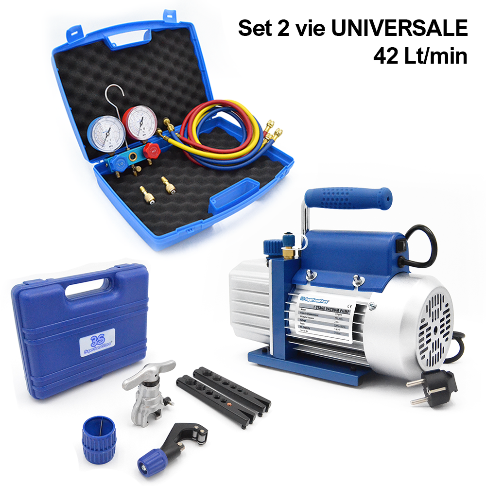 Pompe à vide monobloc 42 L + kit 2 voies + outil d'évasement par friction