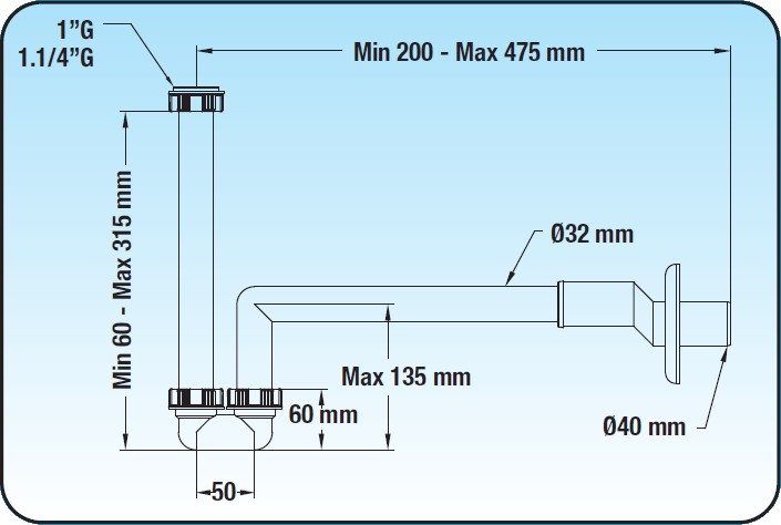 LIRA compact bidet trap with 1" and 1"1/4" fittings.