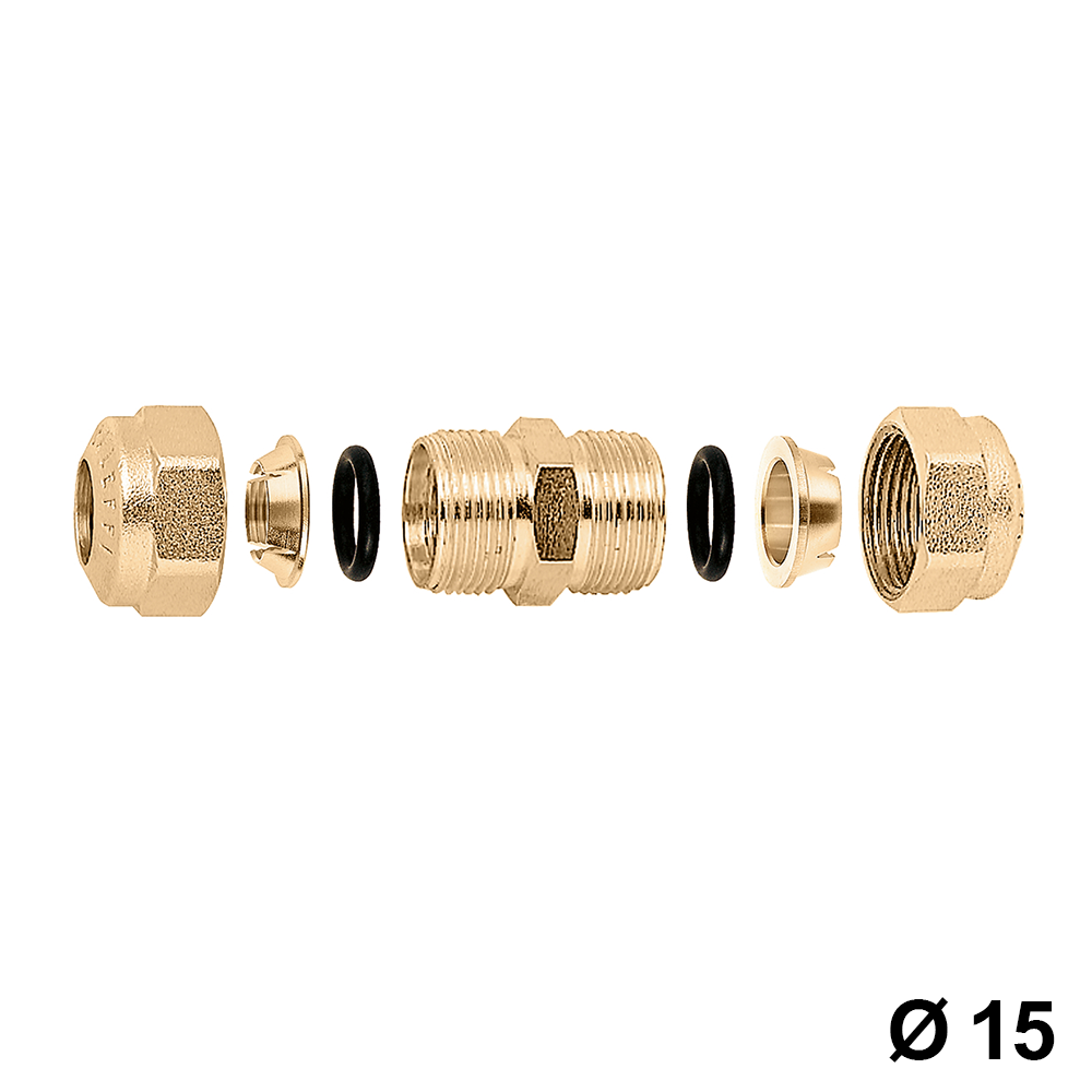 Raccord à compression bicono à double manchon pour tuyau en cuivre de diamètre 15 x 15 mm