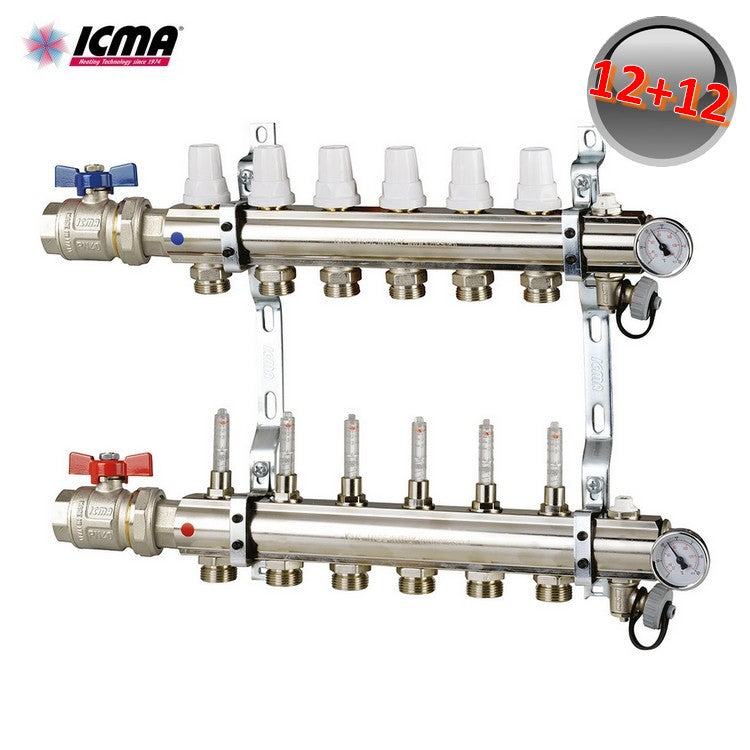 ICMA K023 Manifold with 12 1-inch brass heating connections, with valves and flow meters