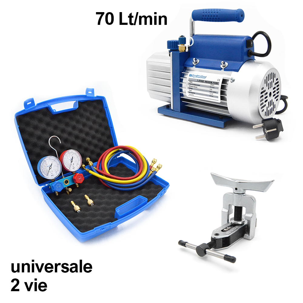 Pompe à vide VPM70 70 L + manomètre universel bidirectionnel + outil d'évasement