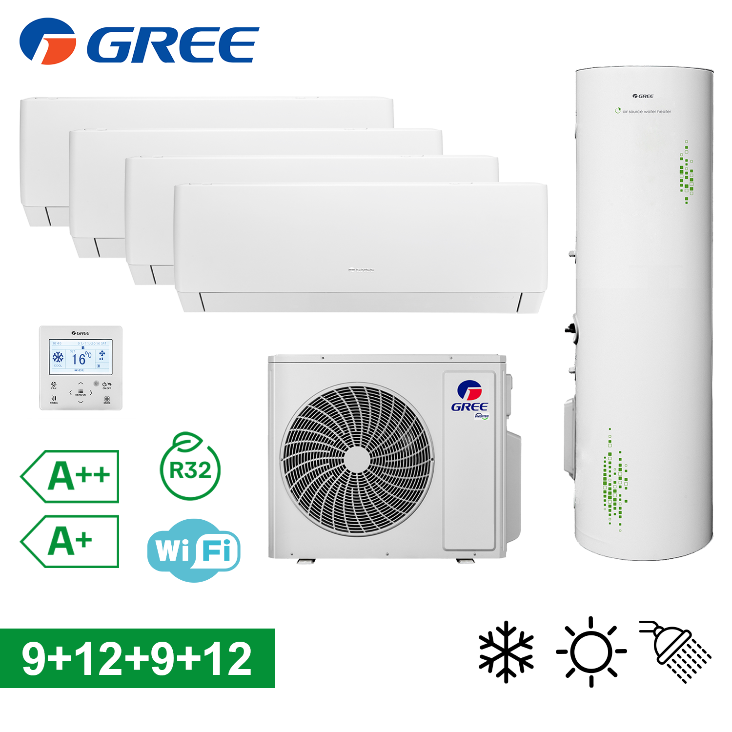 Climatiseur split GREE PULAR (essai) 9+9+12+12 + réservoir ACS 200 L A++ A+