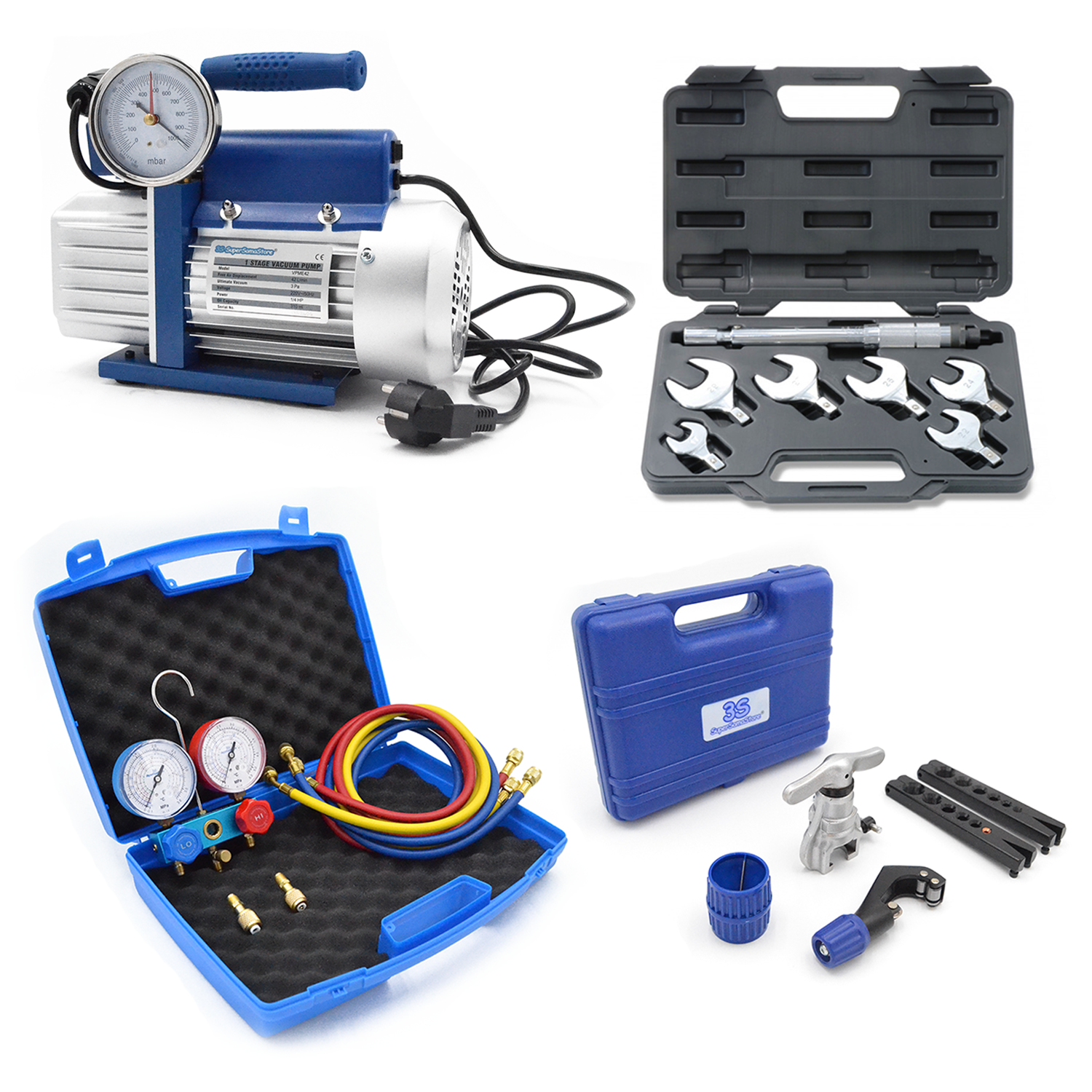 Kit de climatisation professionnel - Pompe 42 l, manomètre 2 voies, compatible R32, R410A, R134A et R407C