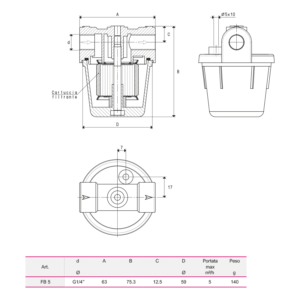 Filtre d'aspiration FB5 avec cartouche en acier inoxydable - filetage gaz 1/4