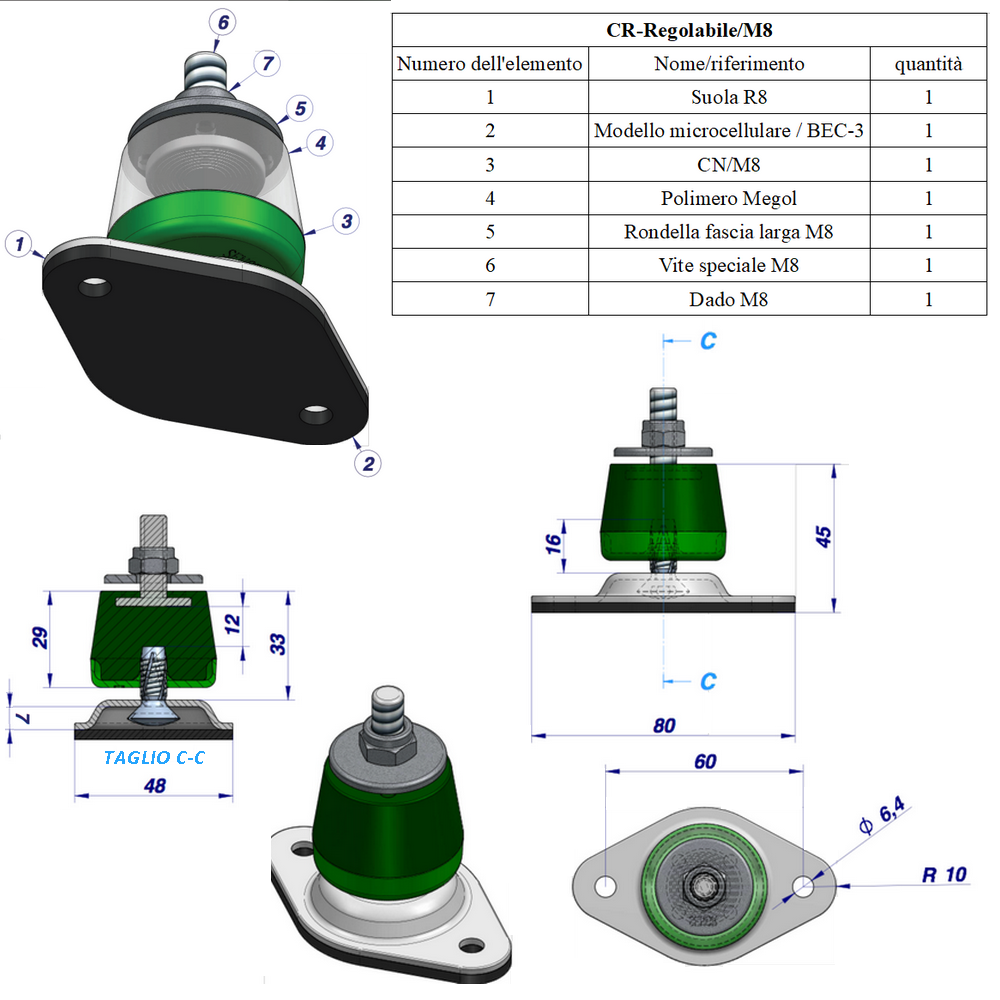 Ensemble de 4 supports anti-vibrations Megol avec base en H réglable, capacité 140 kg