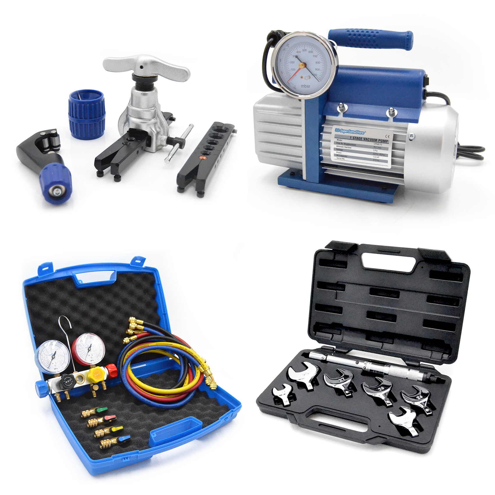Kit de climatisation professionnel : pompe de 70 litres, jeu de manomètres 4 voies, outil d’évasement et clé dynamométrique