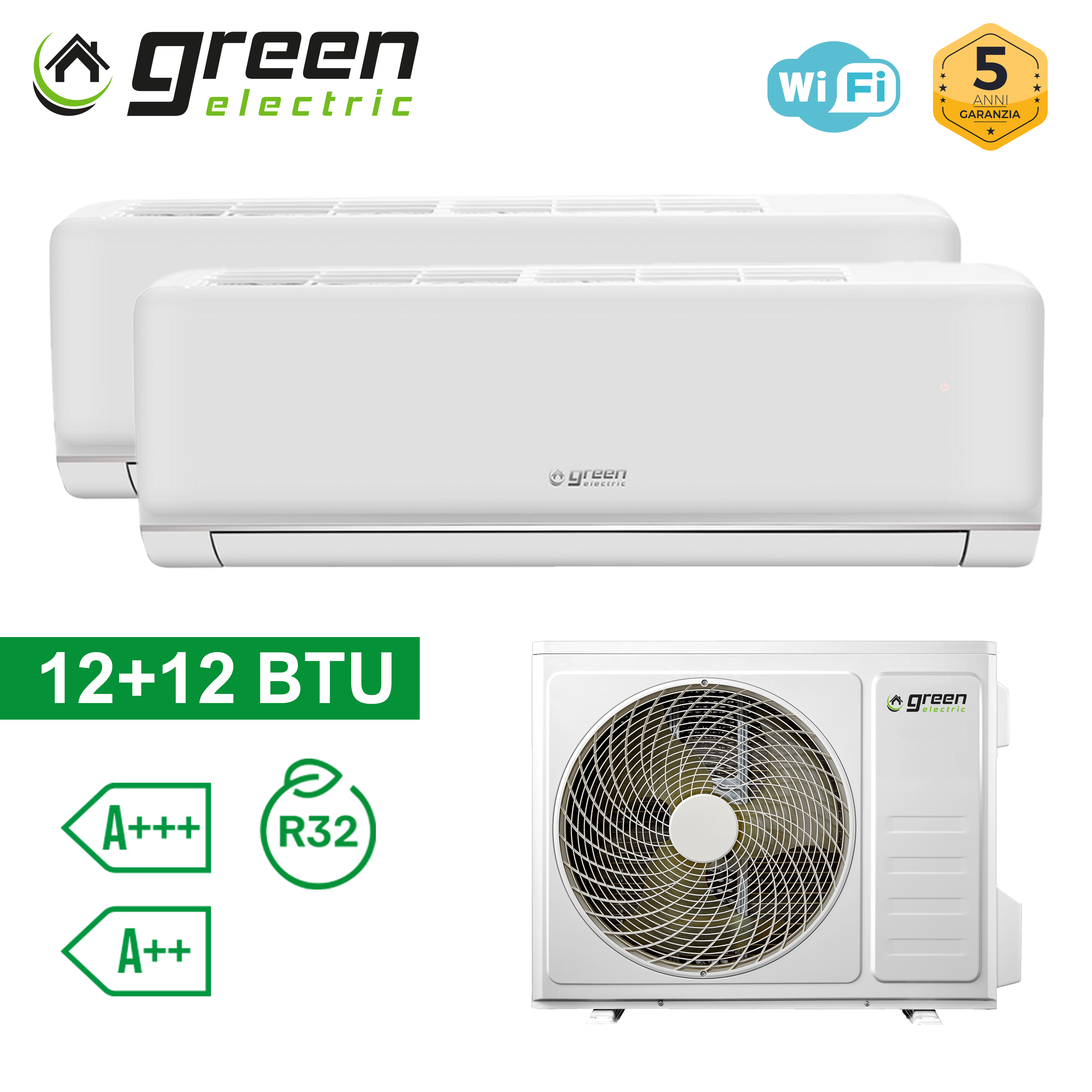 Climatiseur double 12 000 + 12 000 BTU, Wi-Fi, R32, A++/A+, Green Electric PLUS