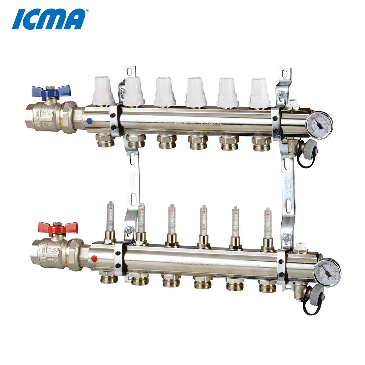 ICMA K023 manifold with 11 1-inch brass heating connections, with valves and flow meters
