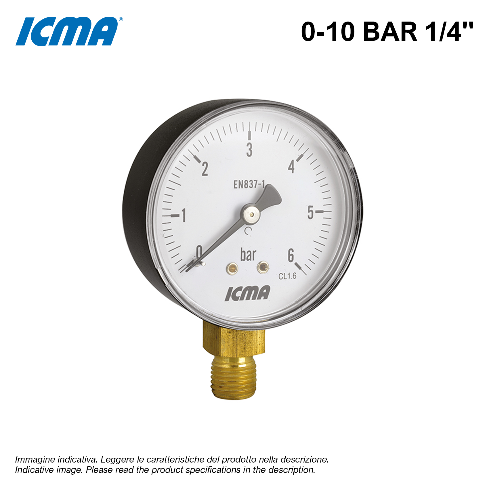 Manomètre ICMA 224 0-10 BAR 1/4'' pour raccordement radial à l'eau