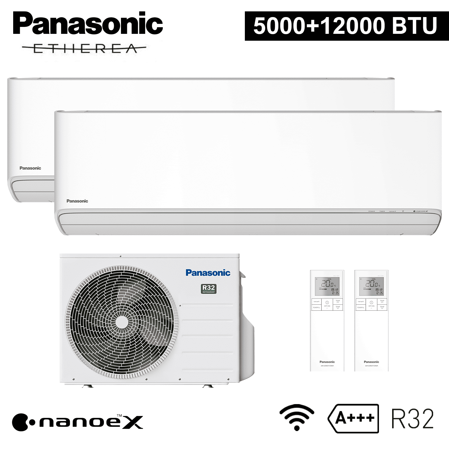 Climatiseur split bi-split Panasonic ETHEREA R32 5000+12000 BTU A+++ avec NanoeX WIFI