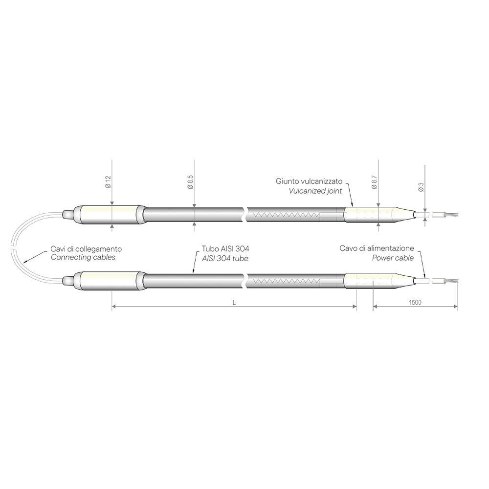 Résistance de dégivrage à double blindage 200 W x 2 x 500 mm pour évaporateurs 220 V