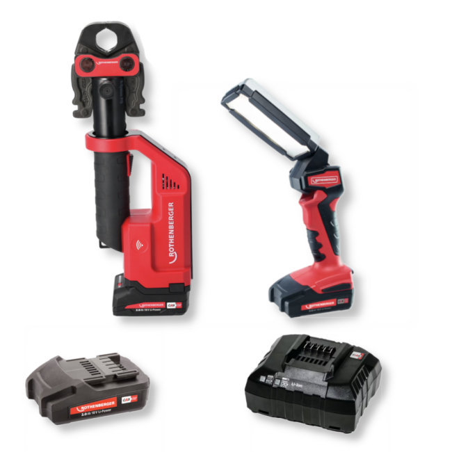 NOUVEAU KIT D'OUTILS DE PRESSAGE ROTHENBERGER ROMAX AVEC LAMPE LED, BATTERIE ET CHARGEUR