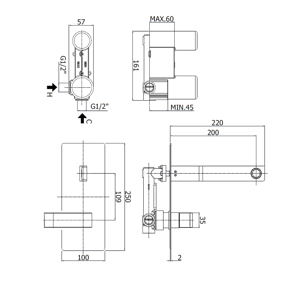 Mitigeur de lavabo encastré avec plaque en acier PAFFONI LEA105 LEVEL