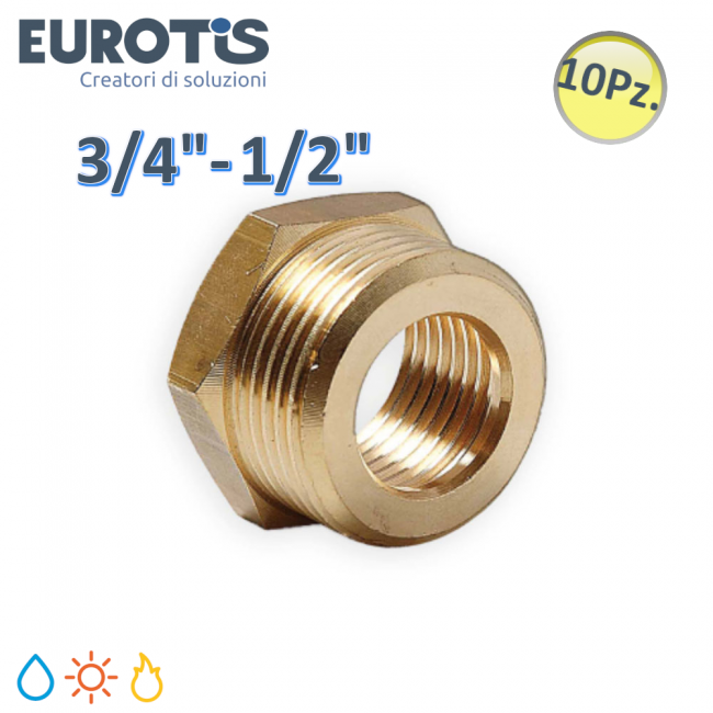 Lot de 10 raccords réducteurs Ø 15-12 | M 3/4'' x F 1/2'' en laiton nickelé à extrémité plate pour chauffe-eau solaires et gaz - Eurotis
