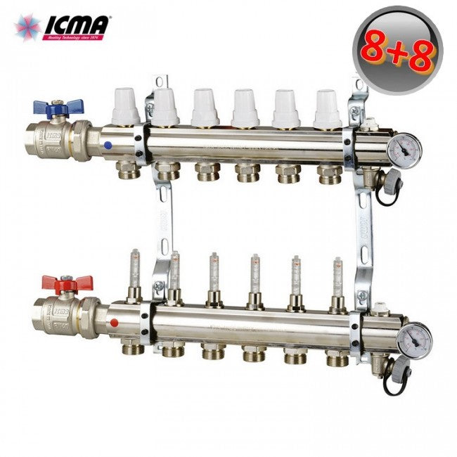 ICMA K023 Manifold with 8 1'' brass heating connectors with valves and flow meters