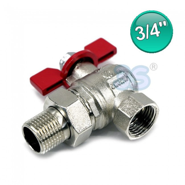 Vanne à bille coudée 3/4'' M-F avec raccord à passage intégral et levier rouge