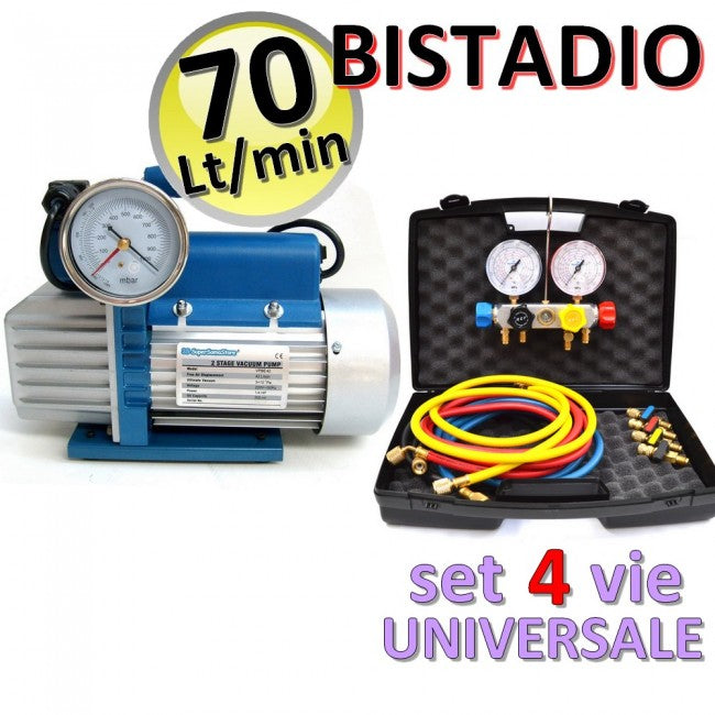 Pompe à vide bi-étagée 70 L + manomètre universel 4 voies