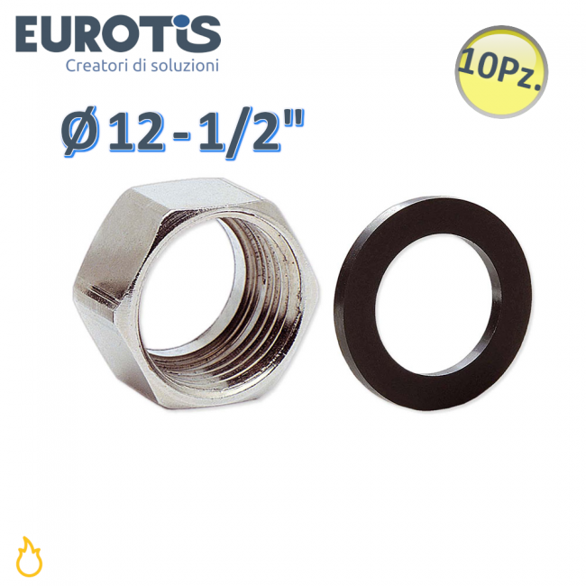 Lot de 10 écrous en laiton nickelé Ø 12 - 1/2'' avec siège spécial et joint NBR pour gaz - Eurotis