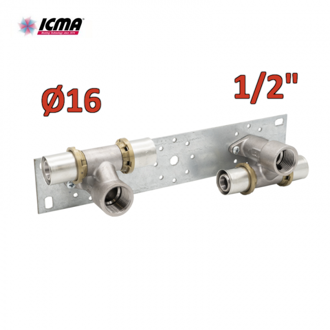 ICMA 423 - Support de montage assemblé avec 2 raccords décalés Ø 16 - SEMPITER® multicouche à emboîtement forcé