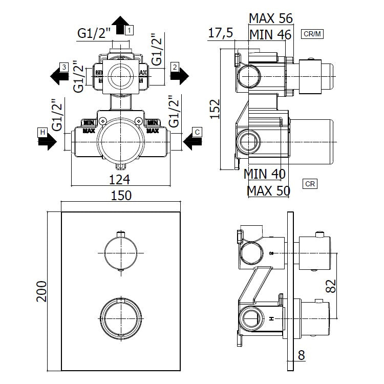 Built-in thermostatic shower mixer with 3-way diverter - LIQ519 CR LIGHT Paffoni rectangular plate