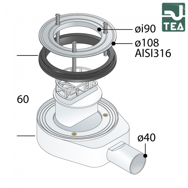 Bonde de receveur de douche TEA - PP sans grille de siphon, trou ø 90 mm - sortie mâle ø 40 mm
