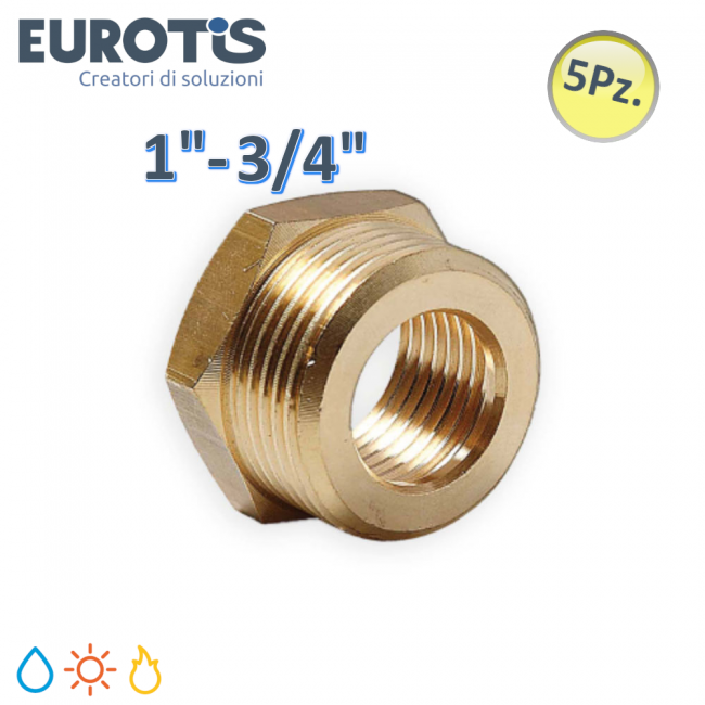 Lot de 5 raccords réducteurs Ø 20-15 | M 1'' x F 3/4'' en laiton nickelé à extrémité plate pour chauffe-eau solaires et gaz - Eurotis