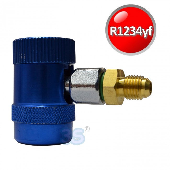 Raccord rapide à 90° basse pression avec robinet pour gaz R1234yf