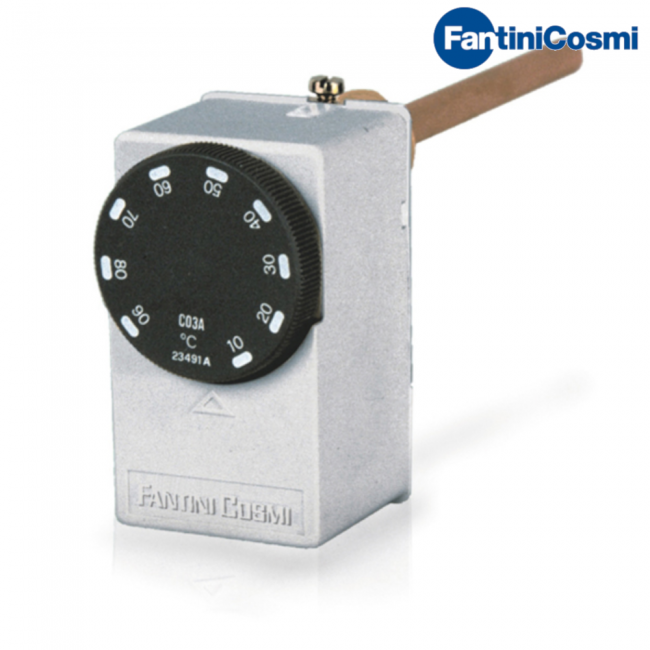 C03A3 - Thermostat à immersion, plage de température 10 ÷ 90 °C, avec gaine pour immersion dans le fluide à réguler.
