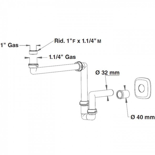 Siphon de salle de bain LIRA compact pour lavabos avec raccords de 1" et 1"1/4".