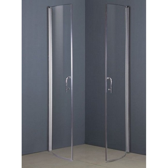 Cabine de douche ronde 90x90 cm en verre transparent, profilés chromés, ouverture de type salon