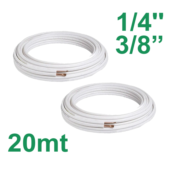 Pair of 1/4" and 3/8" copper pipes, 20 m, insulated for air conditioning