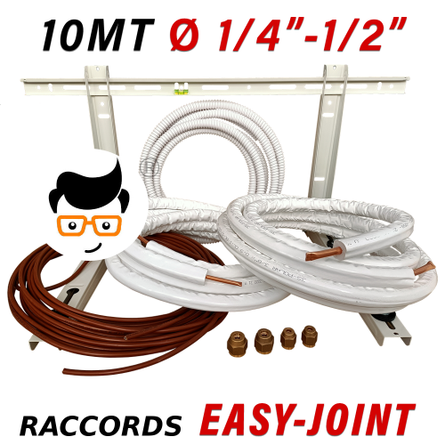 Kit d'installation pour climatiseur monotube - 10 m de câble en cuivre 1/4'' + 1/2'' avec support mural