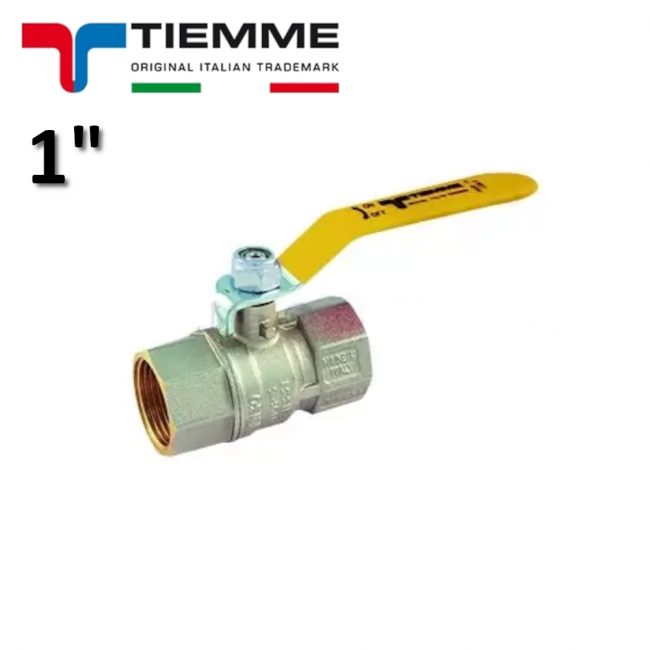 Vanne à bille TORNADO pour gaz, femelle - femelle 1'' ISO7 avec levier plat en acier revêtu de plastique jaune - TIEMME 2380G07