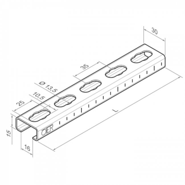 OTER - Profilé galvanisé 32x20x2,5 mm barre 2 m - système de fixation