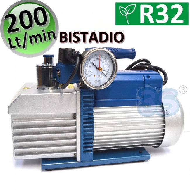 Pompe à vide à deux étages avec électrovanne et manomètre, débit de 200 L/min pour systèmes à gaz R32 et R1234YF