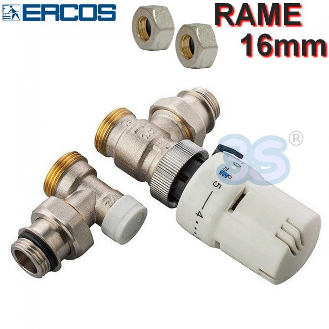 Vanne Ercos carrée 1/2'' et vanne d'arrêt avec tête thermostatique et adaptateurs pour tuyau cuivre 16x2mm