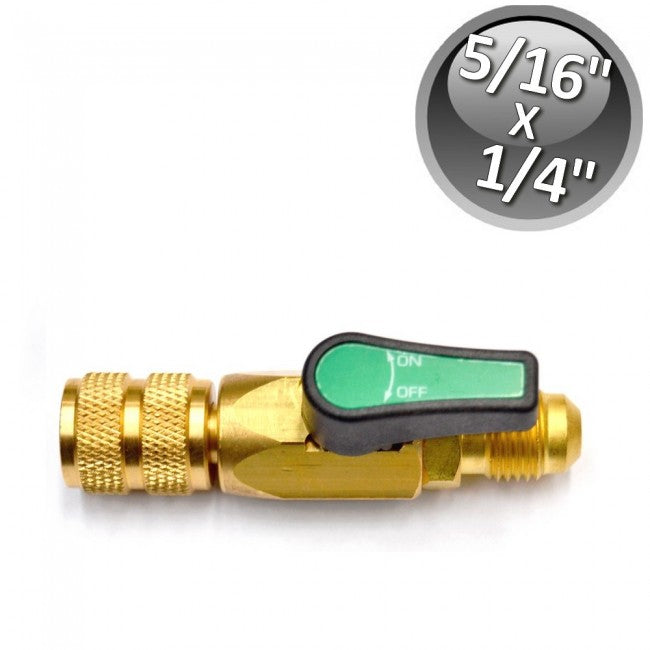 Vanne à bille pour gaz réfrigérant F 1/4'' x M 5/16'' SAE, volant Vert