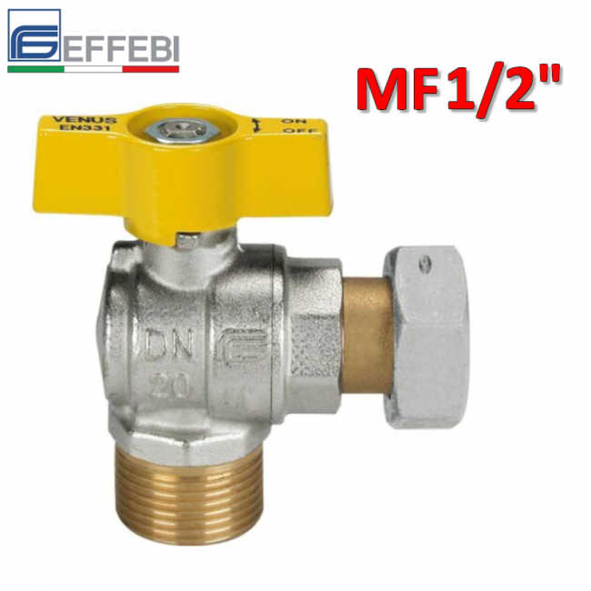 VENUS angled ball valve for gas, 1/2" male with 1/2" female swivel