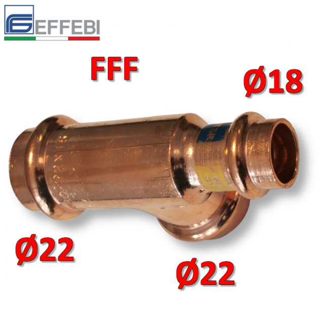 Raccord en T réduit FFF Ø 22x22x18 mm - UNICO cuivre à sertir pour eau et gaz