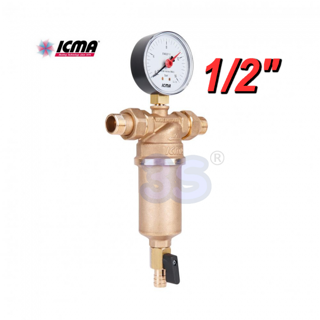 Filtre à eau autonettoyant ICMA en laiton 1/2'' avec raccords M-M, manomètre et robinet de vidange
