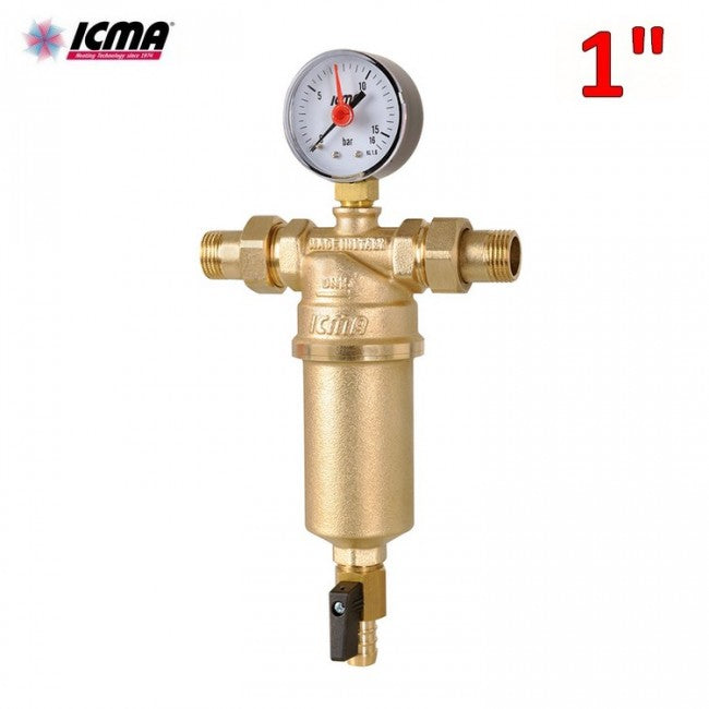 Filtre à eau autonettoyant ICMA en laiton de 1 pouce avec raccords M-M, manomètre et robinet de vidange
