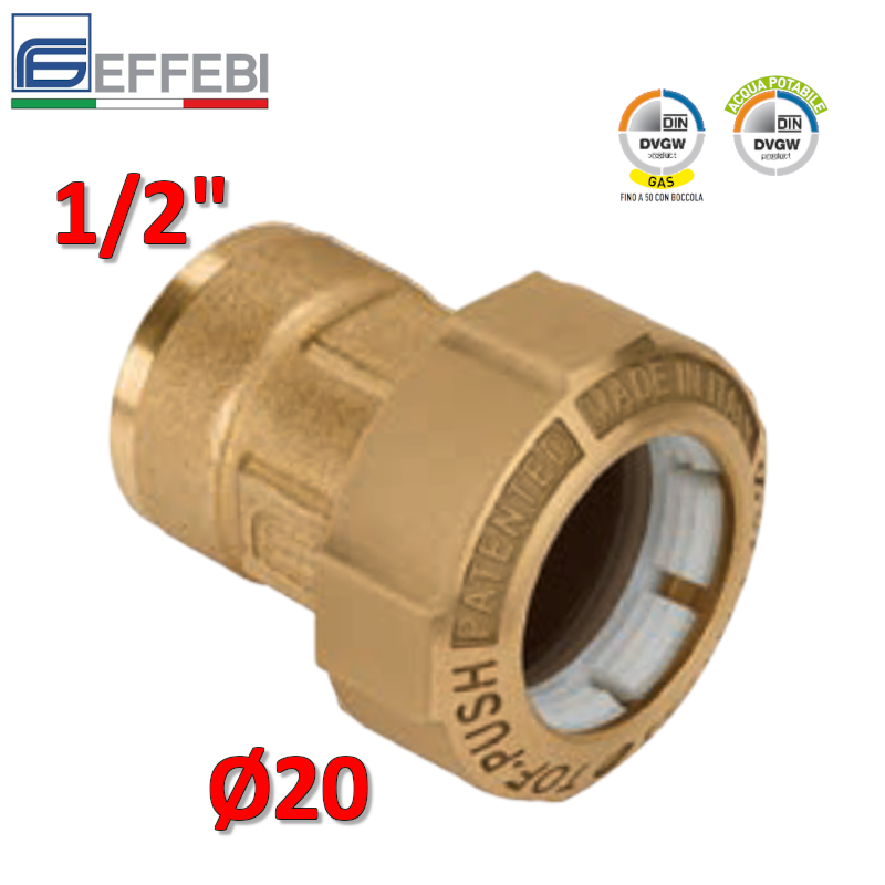 Raccord TOF-PUSH à joint unique Ø 20 x 1/2'' femelle en laiton pour tuyau PE (polyéthylène)