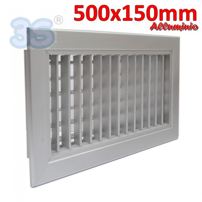 Buse de sortie en aluminium anodisé de 500 x 150 mm avec double rangée d'ailettes mobiles