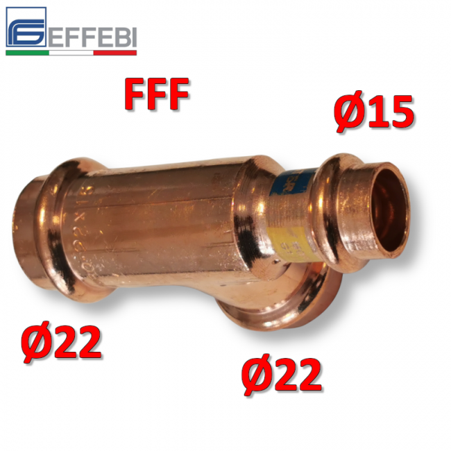 Raccord en T réduit FFF Ø 22x22x15 mm - UNICO cuivre à sertir pour eau et gaz